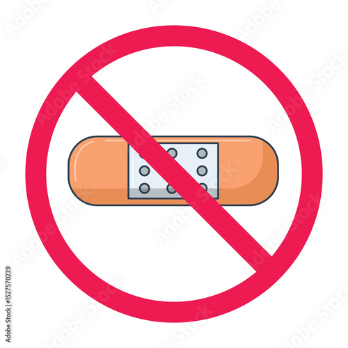 Forbidden sign with bandage plaster icon, no adhesive elastic bandage allowed sign, bandage plaster prohibition sign, do not use adhesive elastic bandage symbol