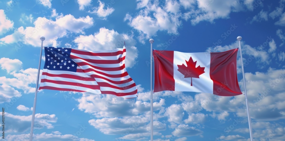 Obraz premium Canadian and American flags waving high in the sky