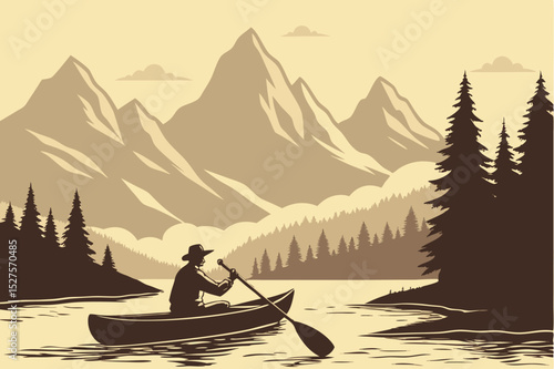 Man canoeing on a lake surrounded by mountains and pine trees in a vintage style illustration