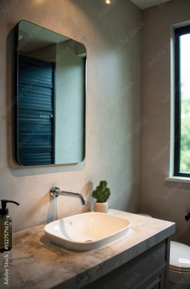 Fototapeta premium smart mirror showing weather and notifications, reflected in modern clean bathroom