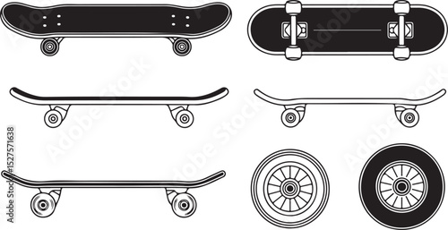 Skateboard Silhouette Set with Wheels Deck Art Design, Perfect for Skate Park Decor and Extreme Sport Illustration Theme
