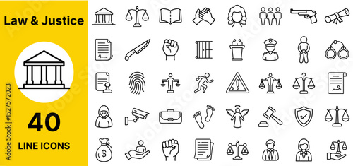 Law and Justice Icon Set – Outline Vector Collection Featuring Gavel, Scales, Court, Legal Documents, Judge, Contract, Trial, Verdict, Lawyer, and Legal Balance