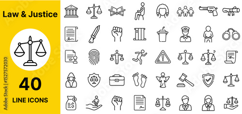 Law and Justice Icon Set – Outline Style with Gavel, Scales, Court, Legal Documents, Contract, Judge, Trial, Lawyer, Verdict, and Legal Balance Vector Icons