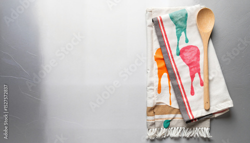 Colorful kitchen towel with wooden spoon on silver countertop  