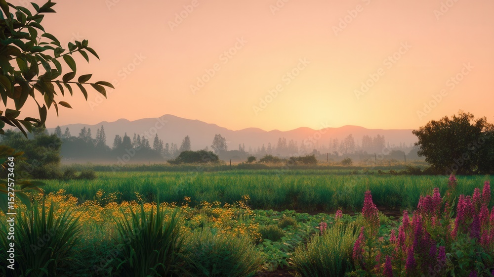 Obraz premium Sunrise Over a Biodiverse Organic Farm with Vibrant Foliage
