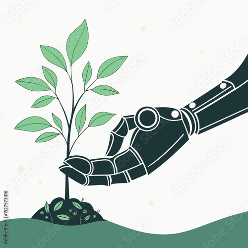 Illustration of a robotic hand gently holding a young plant growing from a small mound of soil