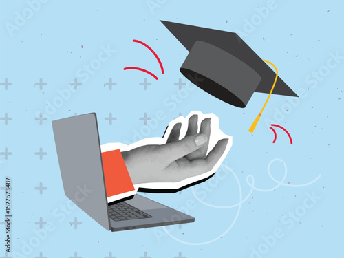 Black and white hand extending from laptop screen tosses college cap. Degree ceremony concept. Online education. Modern collage style. Vector illustration