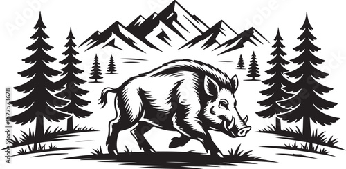 Boar Silhouette in Forest with Mountains Trees Art Design, Perfect for Wildlife Nature Decor and Rugged Animal Illustration