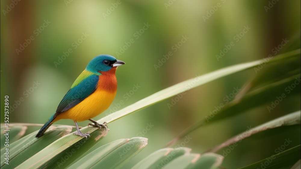 Obraz premium Colorful Bird Perched on Palm Leaf in a Tropical Environment