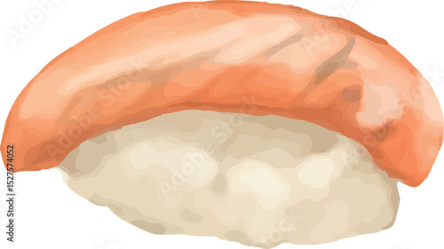 A fresh salmon nigiri sushi rests on a small mound of rice, showcasing vibrant colors and realistic texture. The glossy sheen highlights its freshness, making it a visually appealing dish