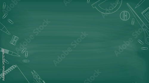 A blackboard with stationery items and place for text in a center. Vector illustration