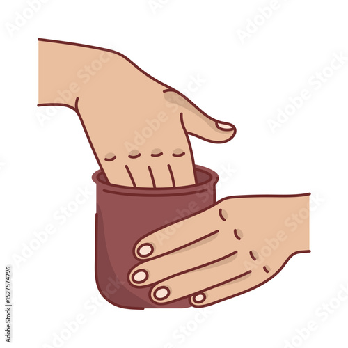 Hands sculpting a jug from clay, vector icon. Pottery, an artist forms a ceramic mug. Master class, hobby, the process of modeling. Arms are shaping a sculpture. Flat color illustration, isolated art
