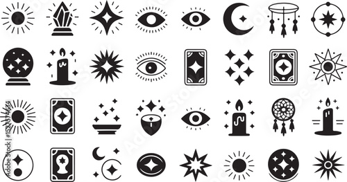 Mystical Silhouette Set with Crystal Eye Moon Art Design, Perfect for Occult Magic Decor and Spiritual Tarot Illustration Theme