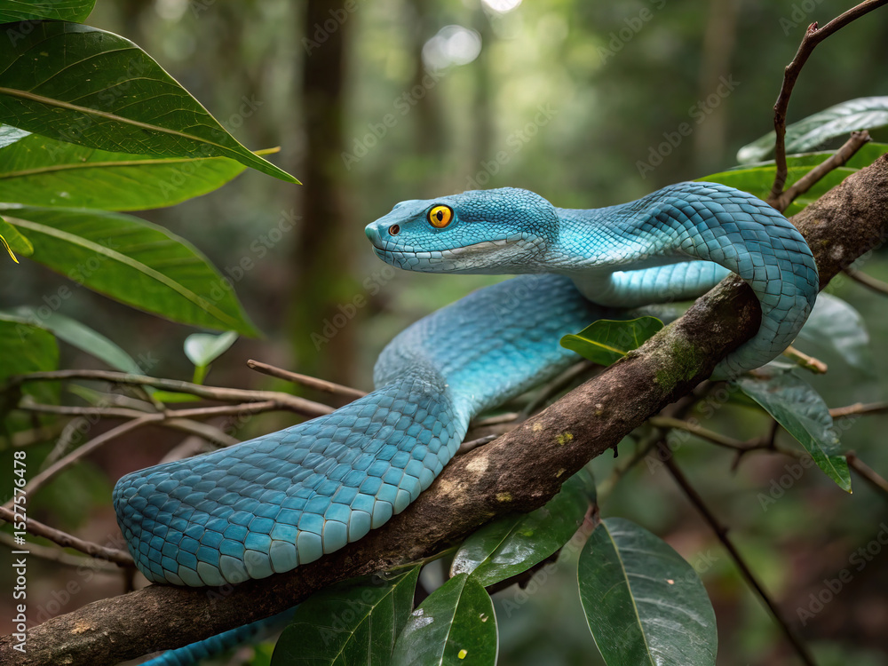 Naklejka premium Striking Blue Viper Coiled on Branch with Intense Yellow Eyes