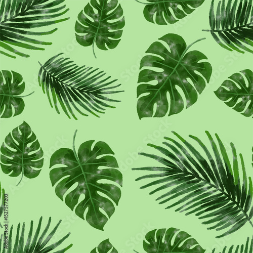 Seamless Green Tropical Leaves Pattern on a Green Background