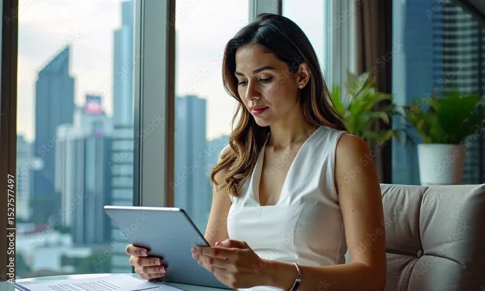 Woman in Finance Reviewing Reports on Tablet in Luxurious Office with City Skyline View
Woman in Finance Reviewing Reports on Tablet in Luxurious Office with City Skyline View