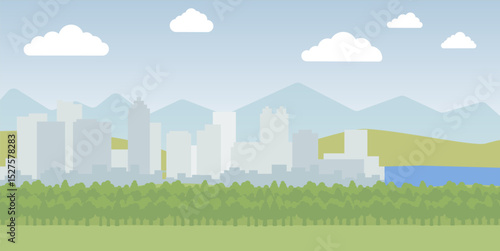 Minimal flat design of a city skyline with trees, hills, and mountains in the background under a clear sky. City landscape illustration. Urban skyline flat design. Modern eco city. Nature and city