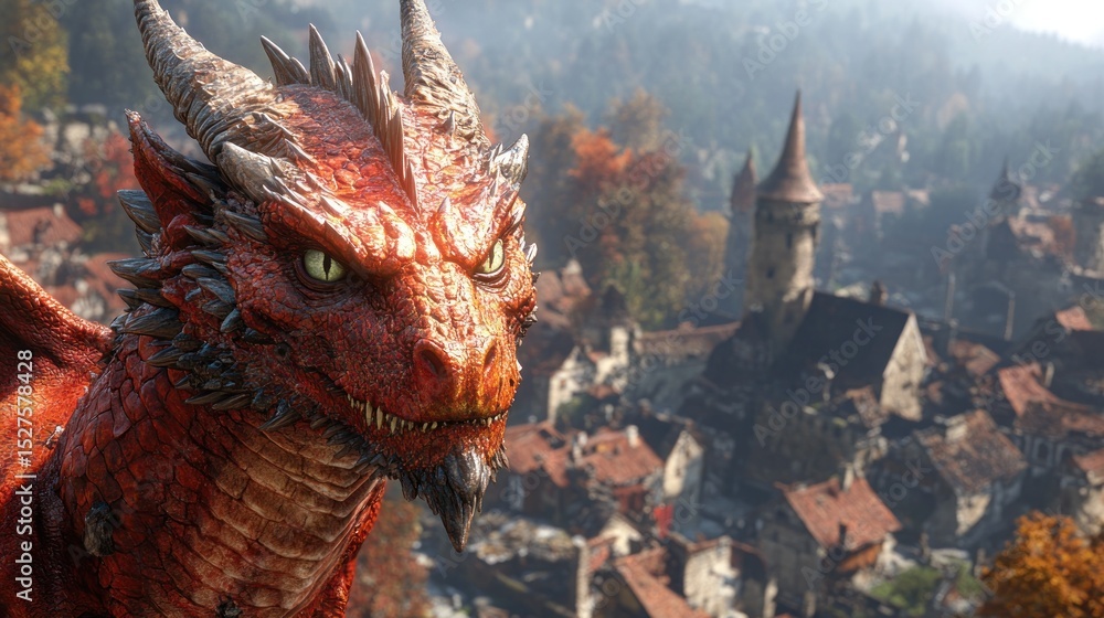 Obraz premium Red dragon overlooking medieval town