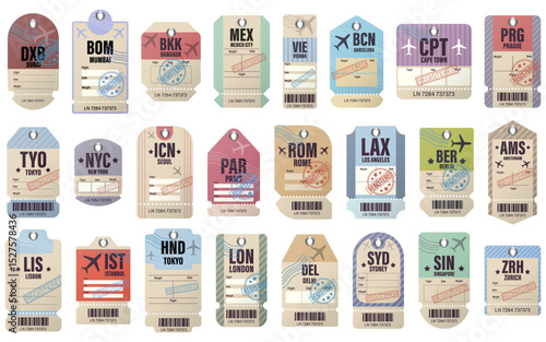 A collection of colorful vintage travel luggage tags with international airport codes and barcode labels. Set of beautiful vintage luggage tag. Retro travel label set