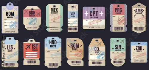 Vector illustration of colorful airport luggage tags featuring international city codes and registered stamps. Ideal for travel design, tourism marketing, and transport-themed projects.