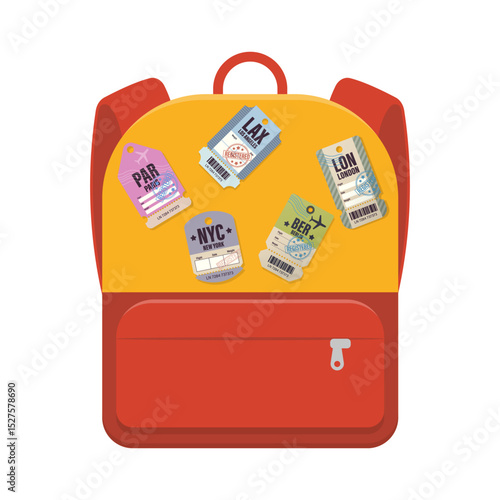 Backpack decorated with international travel tags including LAX, NYC, and PAR. Ideal for travel, education, and tourism themes. Backpack with travel tags. Colorful travel backpack.