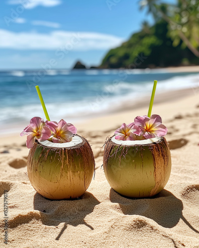 Coconut drinks on a sandy beach