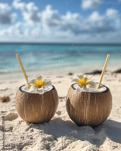 Coconut cocktails on a sandy beach with frangipani flowers