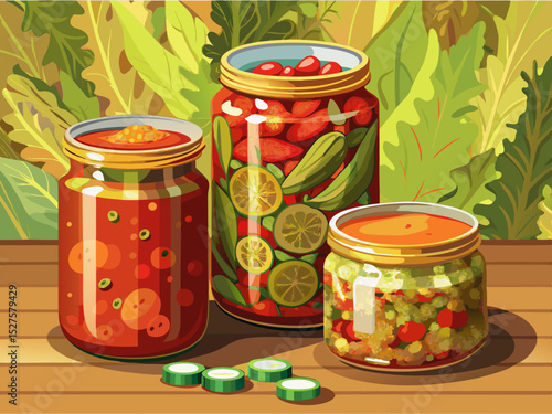 vector of Pickled or finely chopped pickles with tomato sauce in glass containers for storing pickles. On rustic table, simple light color background.