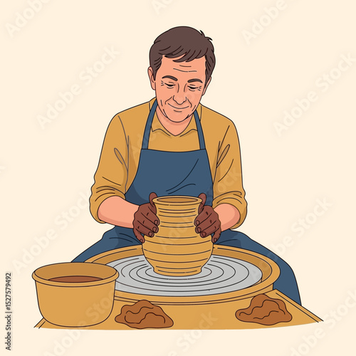 Potter Creating Clay Vase on Wheel Illustration