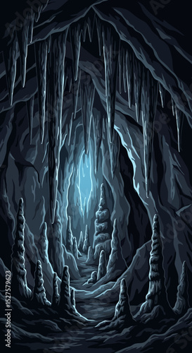 Mysterious Underground Cave with Stalactites and Stalagmites