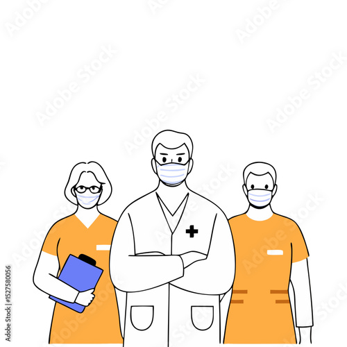 Successful team of medical employee doctors with face masks vector illustration isolated on white background. Three hospital or medic clinic staff doctors standing up with equipment
