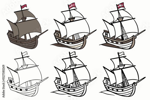 Six variations of a medieval cog ship illustration