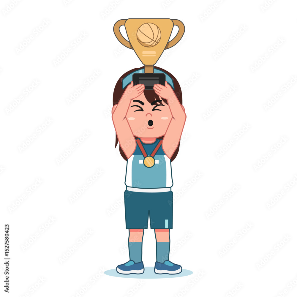 Obraz premium Cartoon cute little Girl playing basketball Lifting Champion Trophy