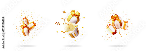 3d cartoon style gift box with gold ribbon and confetti. Present for special occasion or holiday event. Surprise reveal concept.