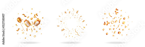 Golden 3d celebration set with balloons, gift boxes, confetti, star, isolated on white background. Party event.