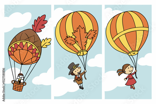 Thanksgiving hot air balloons cartoon illustration
