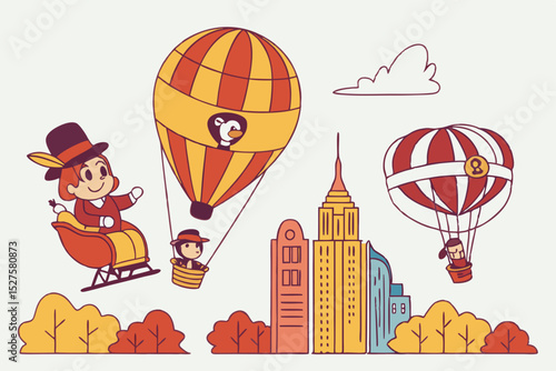 Cartoon hot air balloons over new york city skyline