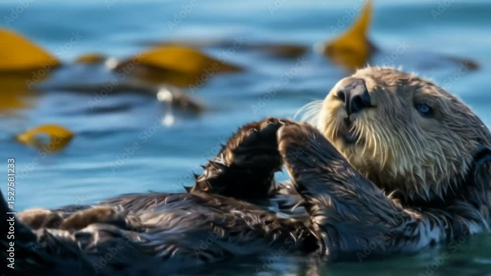Sea otter floating peacefully in the water among kelp plants Sea otter floating peacefully in the water among kelp plants