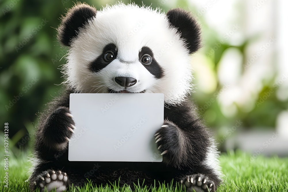 Fototapeta premium baby panda holding a clean blank signboard with both paws, sitting on grass with playful expression 