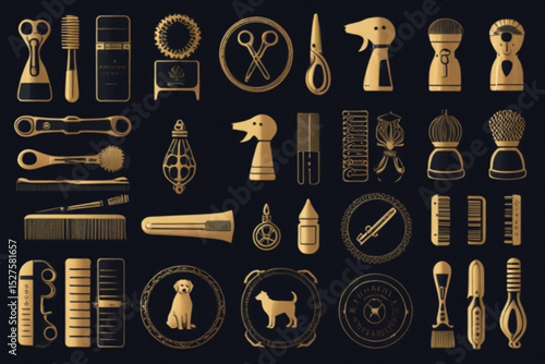 Illustration of golden grooming and pet care tools arranged on a dark background in a detailed style created with generated ai