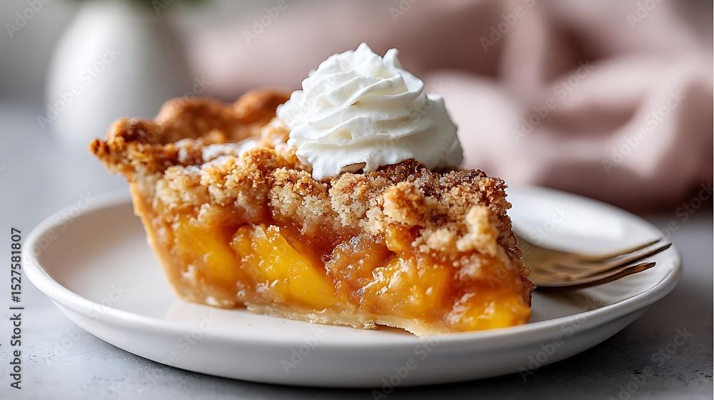 Slice of Peach Pie with Whipped Cream on a White Plate Slice of Peach Pie with Whipped Cream on a White Plate