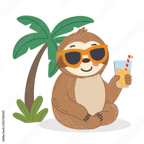Sloth under palm with sunglasses and glass of juice. Smiling and relaxing in a tropical setting. Perfect for summer, vacation, or kids designs.