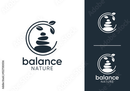 circle balancing stone with leaf tree logo design vector	
