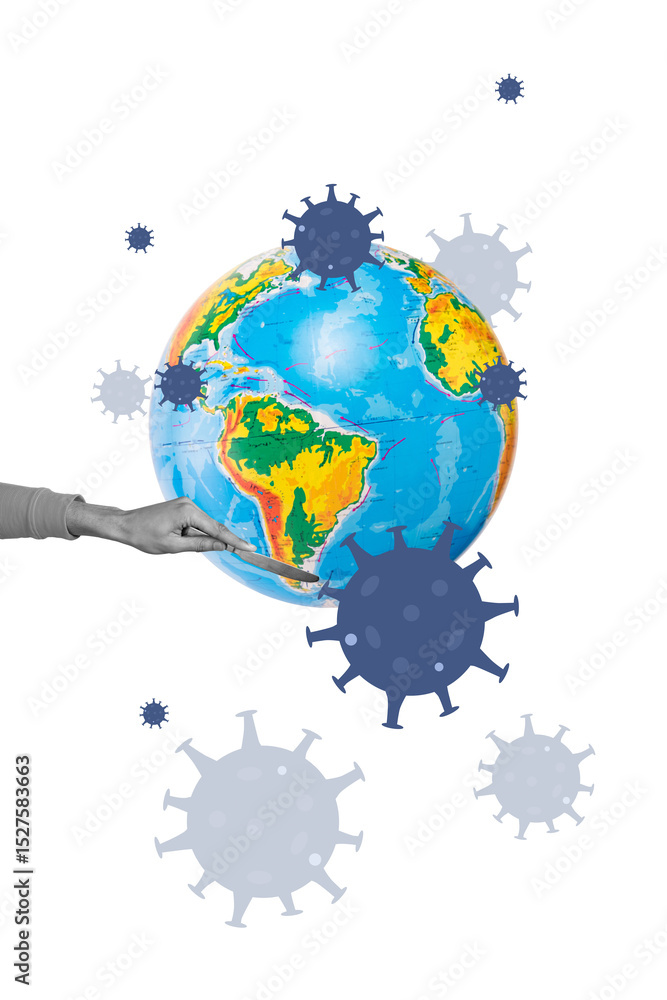Naklejka premium Poster photo vertical collage of human hand hold sharp knife globe earth icon bacterium illness virus spread pandemic environment