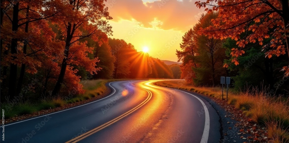 Fototapeta premium Autumn sunset casts long shadows on winding asphalt road , view, sun