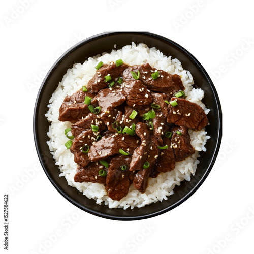 Delicious Beef Teriyaki with Steamed Rice in a Black Bowl