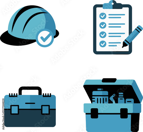 Safety helmet checklist. Helmet, toolbox, clipboard and gear checklist for construction worker preparation  