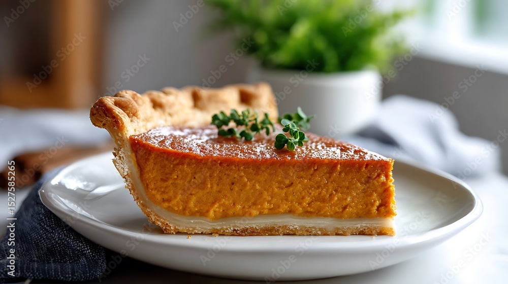 Slice of Pumpkin Pie with Fresh Herbs on a White Plate Slice of Pumpkin Pie with Fresh Herbs on a White Plate