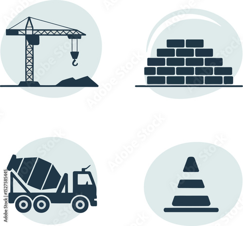 Construction zone set. Building crane, bricks, cone and cement mixer visuals for heavy equipment work  
