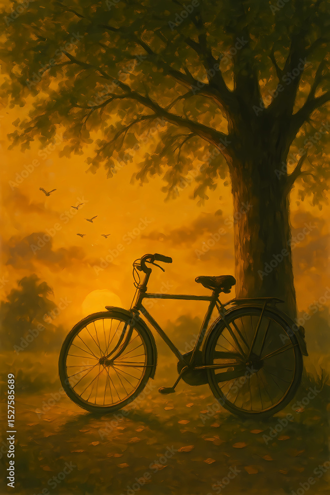 Fototapeta premium Vintage Bicycle Under Tree at Sunset - Atmospheric Digital Painting